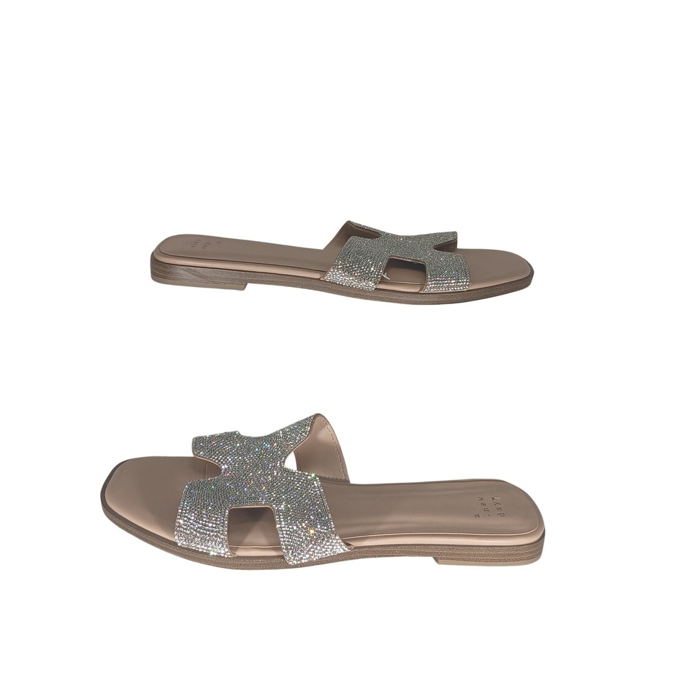 Rhinestone H-Band Slide Sandals 9.5 Tan Sparkly Glam Summer Flat Vacation Bling